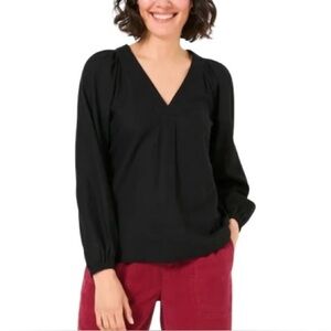 INC Black Elegant V-Neck 100% Linen Blouse Top L